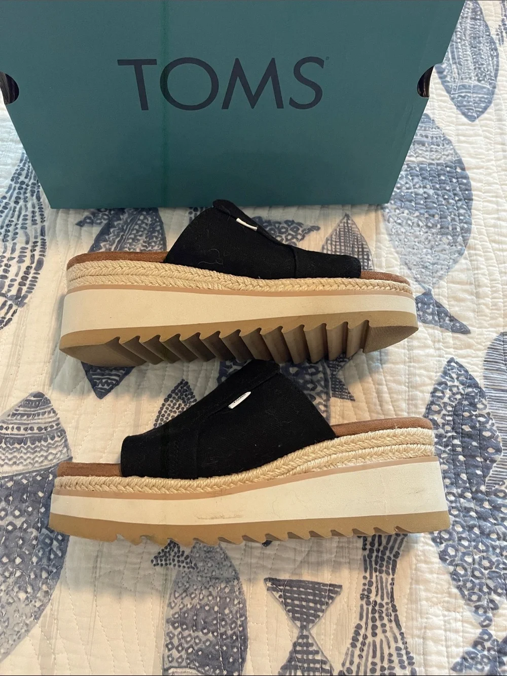 Toms Black Slide Sandals with Brown Footbed and Canvas Upper